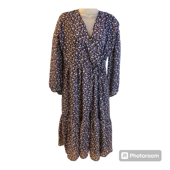 NWT Madewell Floral Tie Waist Midi Dress Harvest Vine Navy Blue Washable Size L - Picture 3 of 11